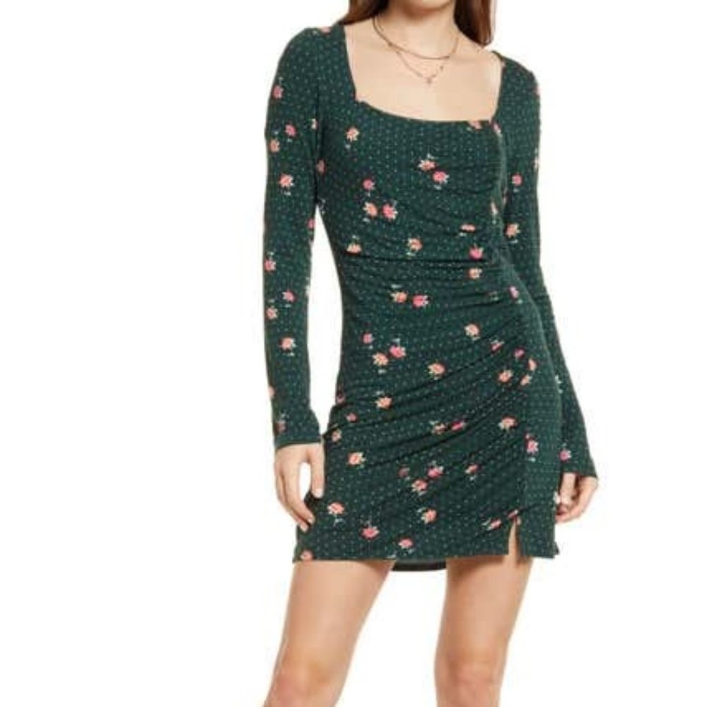 Free People Celia Floral Mini Dress Keyhole Back Square Neck Green Size Large
